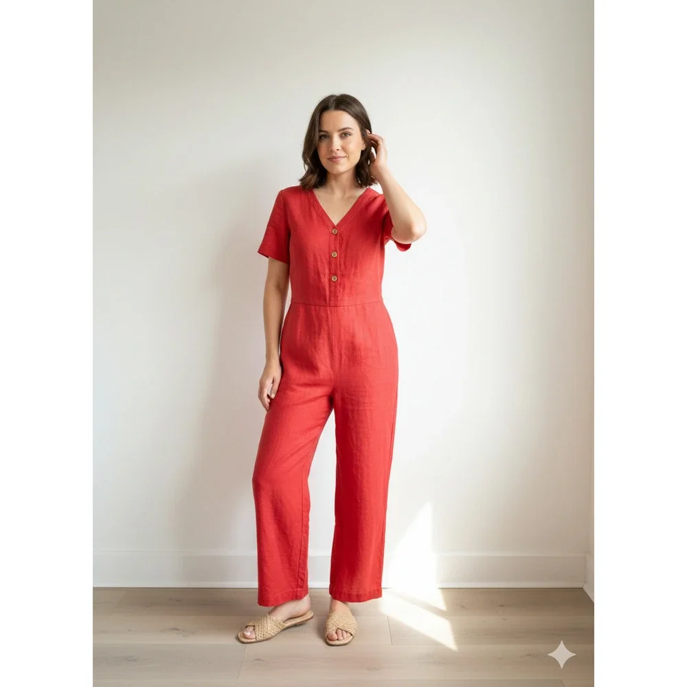 Everlane 100% Linen Short Sleeve Cropped Leg Jumpsuit in Tomato red Size 12